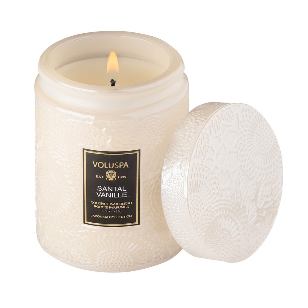 VOLUSPA SANTAL VANILLE OUD 5.5oz GLASS JAR CANDLE WHITE NWT